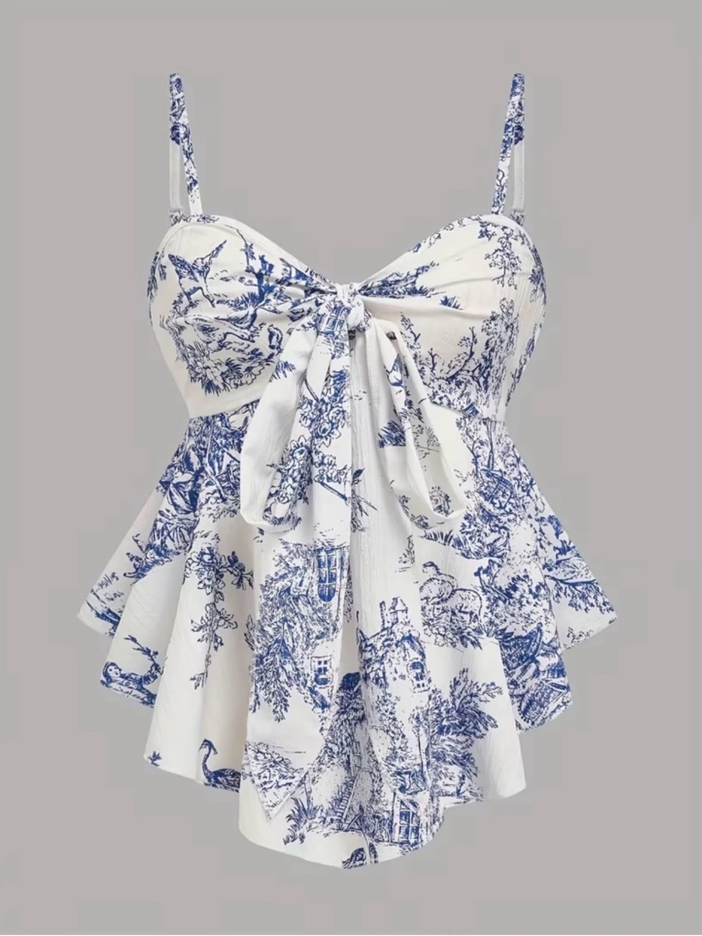 Blue & White Bow Tie-Front Peplum Cami Top New Boutique